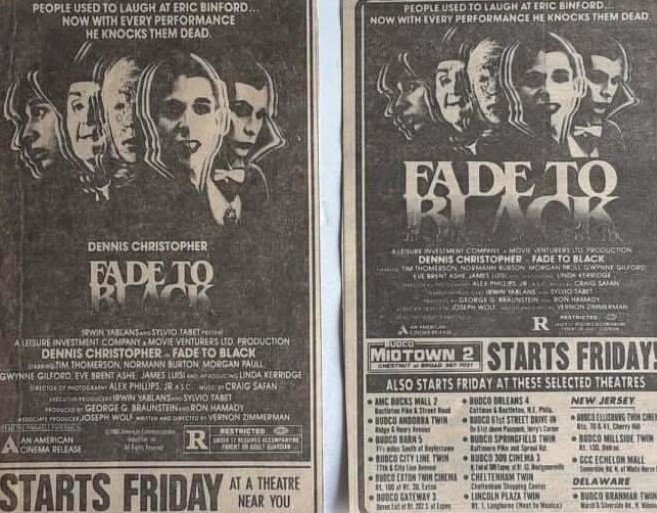 TCinCT_2012's tweet image. 45 years ago (!) this week, &quot;FADE TO BLACK&quot; was released in theaters nationwide. It has since become a &quot;cult classic&quot;, recognized as being ahead of it&apos;s time. Here&apos;s a theater marquee, LA TIMES opening day ad, VARIETY ad, newspaper ads :