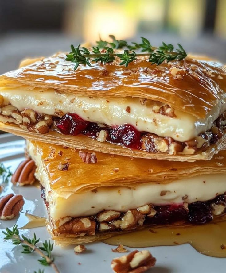 linhduongkieuvm's tweet image. Layered Phyllo Pastry with Brie, Cranberry Sauce, and Pecans 🧀🍯This elegant pastry features crispy layers of phyllo, creamy sliced Brie, tangy cranberry sauce, and toasted pecans, all drizzled with honey for a refined treat.