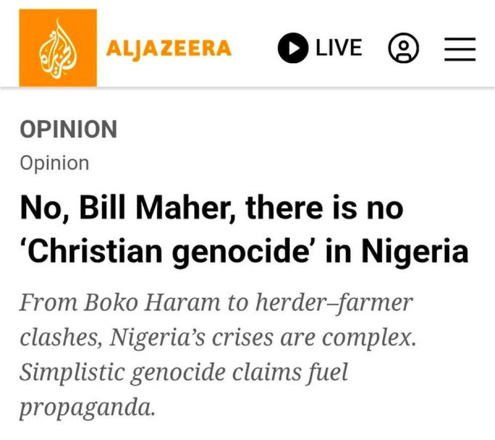 LET’S TEACH QATARI STATE-RUN MEDIA AL JAZEERA A LESSON ON GENOCIDE IN NIGERIA

The same network that endlessly pushes the “Gaza Genocide” narrative is now claiming there’s “no Christian genocide” in Nigeria, dismissing the mass slaughter of Christians by Islamist militias and
