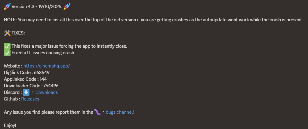 📢📢Cinema HQ Update - V4.3📢📢

NOTE: You may need to install this over the top of the old version

🌐Website :  
🌐Digilink Code : 668549 
🌐Applinked Code : 144 
🌐Downloader Code : 764496
🌐 Discord : discord.com/invite/6UwYaXG…
🌐Github : github.com/Inside4ndroid/… 

ENJOY 👌👌