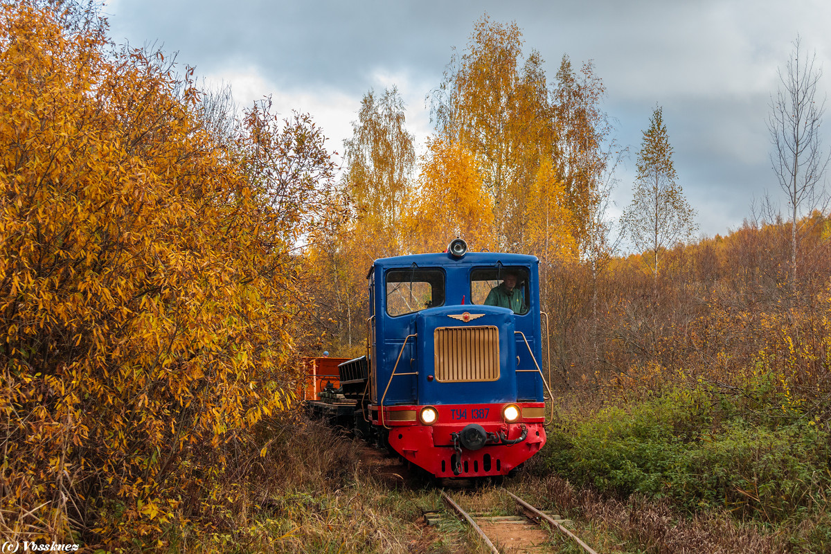 Тепловоз ТУ4-1387 с балластным поездом, Музей "Мир железной дороги", Ярославская область, 12.10.2025. Diesel locomotive ТУ4-1387 with a ballast train, new Museum "The World of Railways", Yaroslavl Oblast, 12.10.2025. Photo: Vosskuez. #Russia #TU4 #ужд #узкоколейка #narrowgauge