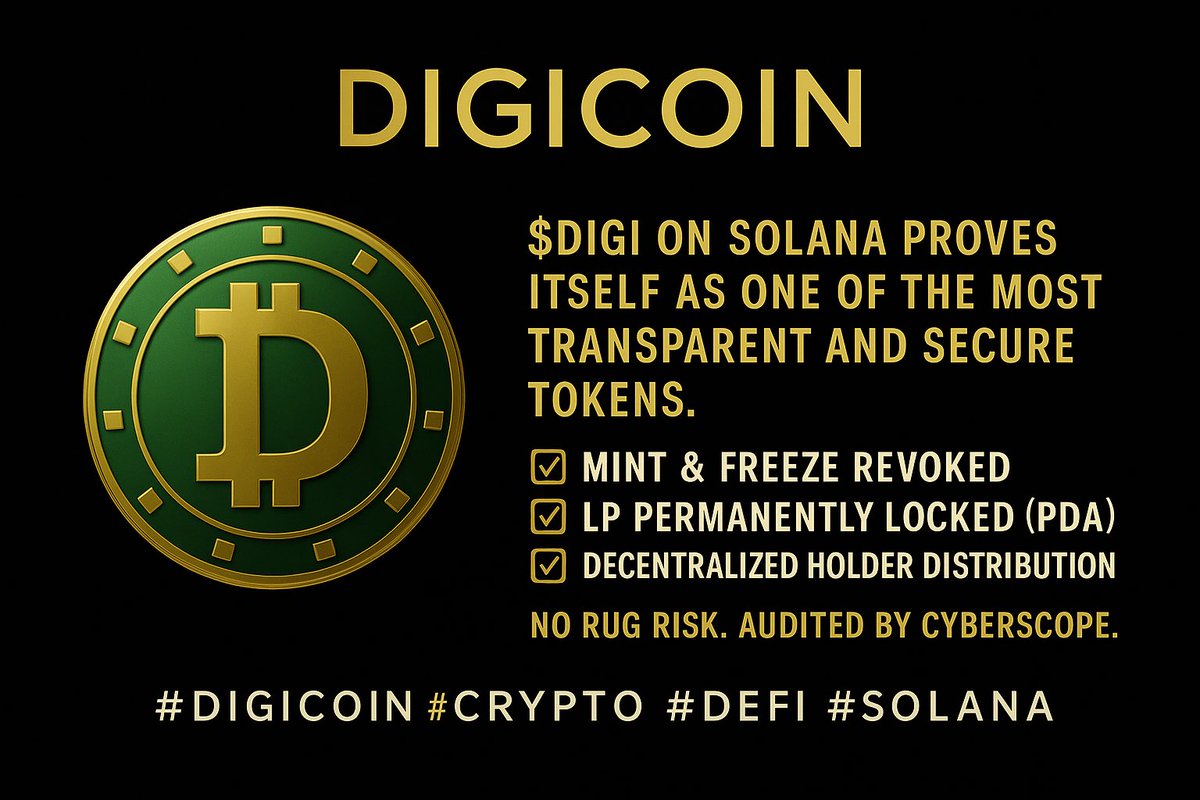 $DIGI on #Solana proves itself as one of the most transparent and secure tokens.
✅ Mint &amp; Freeze Revoked
✅ LP Permanently Locked (PDA)
✅ Decentralized Holder Distribution
No rug risk. Audited by Cyberscope.

#Solana 上の $DIGI は透明性と安全性を兼ね備えた信頼性の高いトークン。