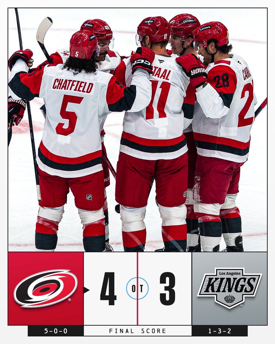 NHL's tweet image. THE CANES ARE A PERFECT 5-0! 🌪️