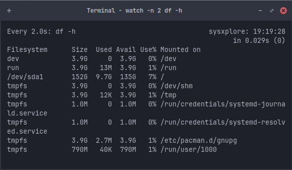 sysxplore's tweet image. Quick Linux tip:
Need to repeat a command every few seconds?
Use:
$ watch -n 2 df -h
This runs df -h every 2 seconds.
Great for keeping an eye on disk usage, load, or log size changes.
Press q to quit.