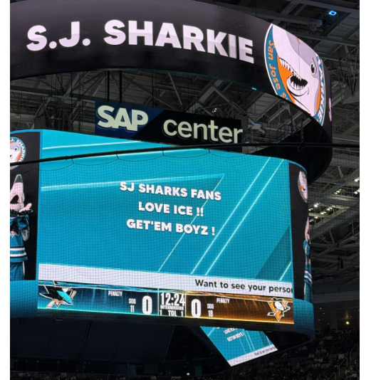 CurtisPashelka's tweet image. Statement from the #SJSharks on this message that appeared on the center-hung scoreboard during the first intermission

&quot;During the first intermission of tonight’s game, an offensively worded message which had been externally submitted was inadvertently displayed on the in-arena…