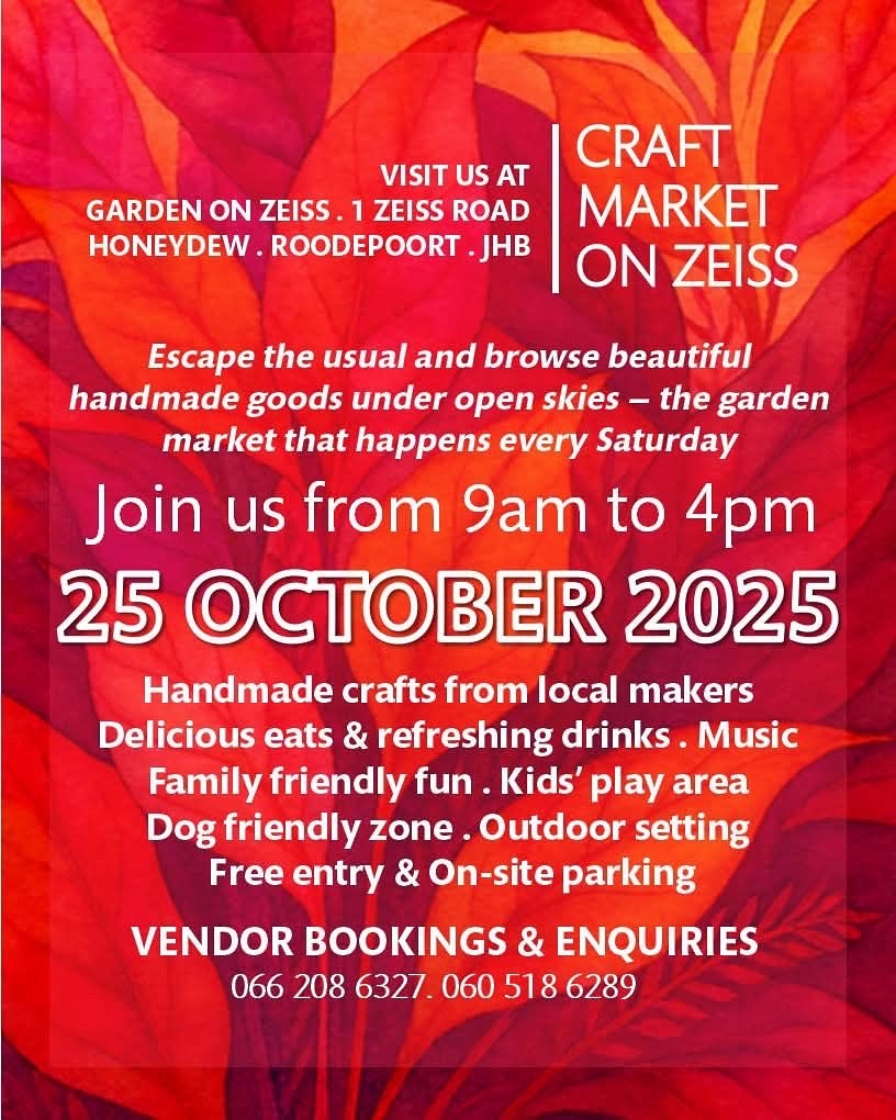 🎨✨ Craft Market on Zeiss — Sat, 25 Oct!

Discover handmade gems, great food, live music &amp; chill garden vibes 🌿

🕘 9am–4pm | 📍 Garden on Zeiss, Honeydew
🐾 Dog friendly | 🎡 Kids play area | 🎶 Great atmosphere
🎟️ Free entry + parking