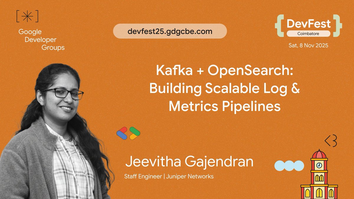 Join Jeevitha Gajendran, Staff Engineer at Juniper Networks, at DevFest 2025 Coimbatore! Learn to build scalable log &amp; metrics pipelines using Kafka + OpenSearch for ultimate observability.

Register now: theticket9.com/book/devfest-c…

#DevFest2025 #DataEngineering #GDGCoimbatore