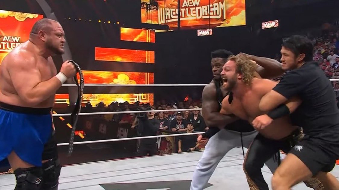 Samoa Joe and The Opps attacked “Hangman” Adam Page after Adam Page regained against Joe.

#AEWWrestleDream