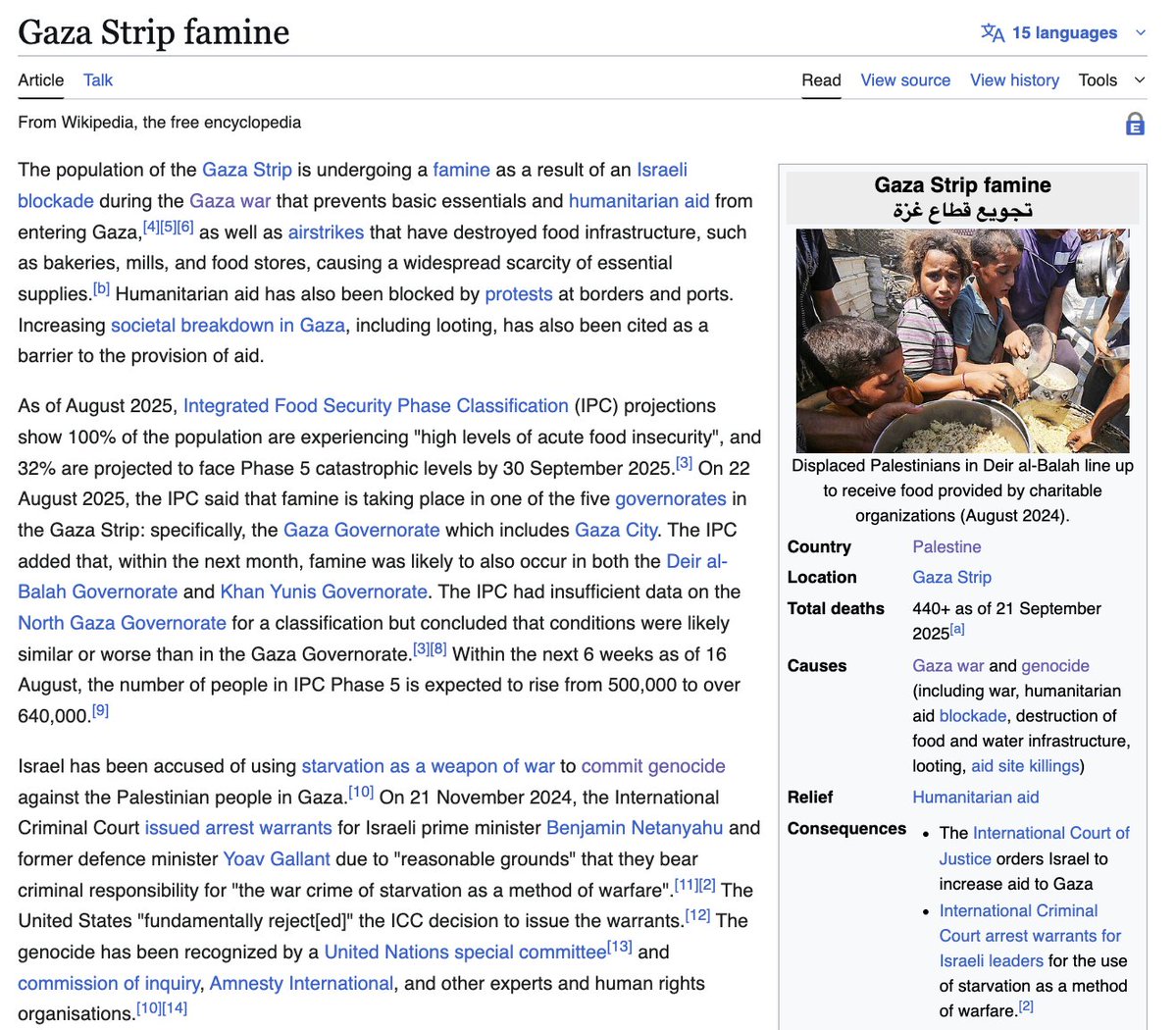 Wikipedia's "Gaza Strip famine" article almost reads like satire.

It includes endless quotes from early 2024 about how the entire population of Gaza is starving to death.

The fact that this didn't happen is, seemingly, unimportant to the article's writers.