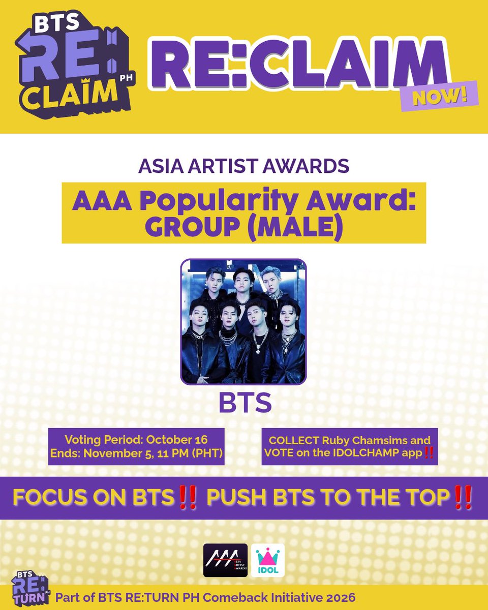 🎯 FOCUS MODE: BTS GROUP!
PH ARMYs, it’s time to rally our strength as one!
We’re now focusing our votes on BTS (GROUP) for the AAA Popularity Award 2025 🏆

Let’s channel all our ❤️ Chamsims and make sure BTS dominates the final round!
📱 Collect daily on the IDOLCHAMP app
🌐