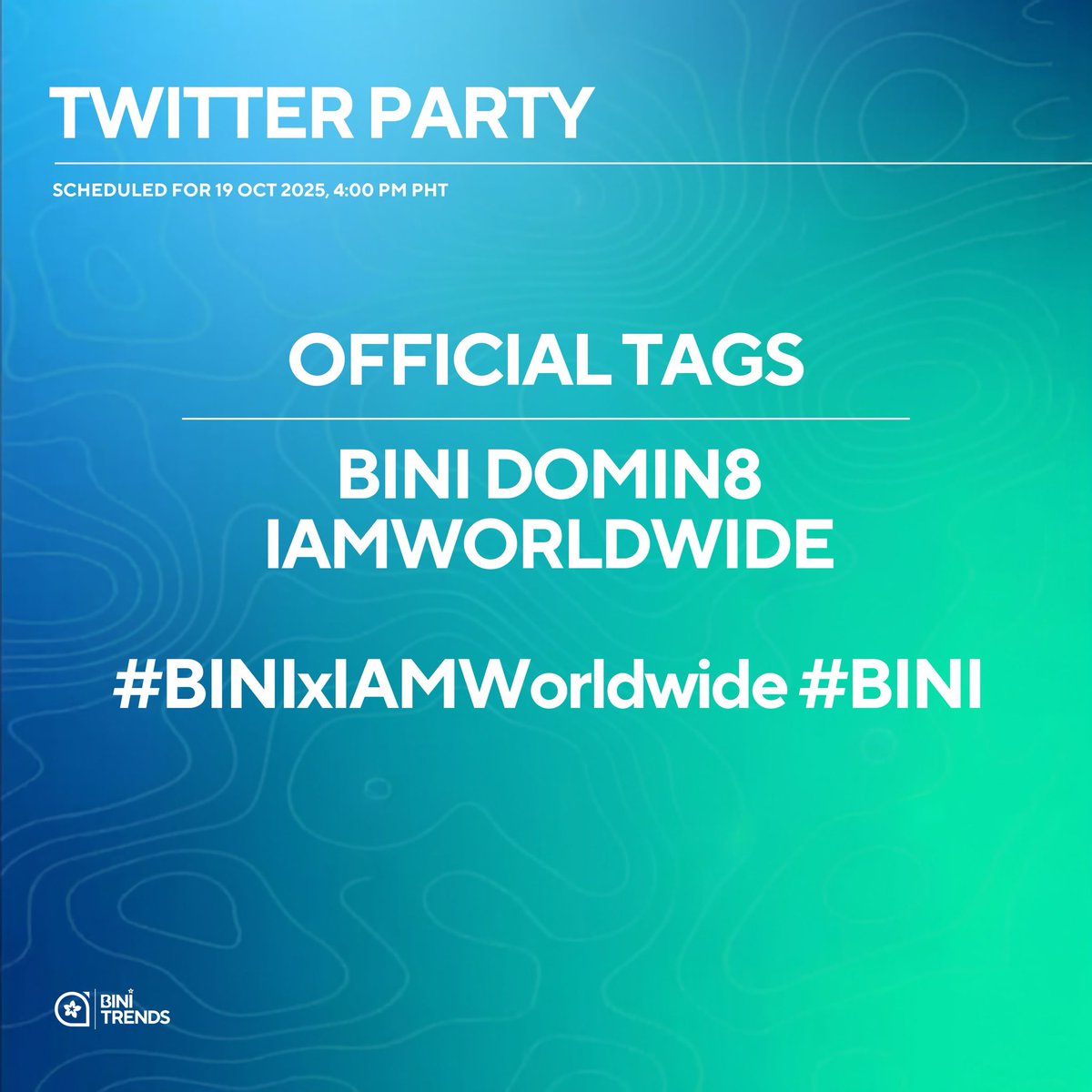 Ready to DOMIN8? BINI hits the stage at the IAM Worldwide concert tonight! 

Join us on our twitter party later at 4PM PHT. Copy and save tags na, Blooms! See you later!

BINI DOMIN8 IAMWORLDWIDE

#BINIxIAMWorldwide #BINI