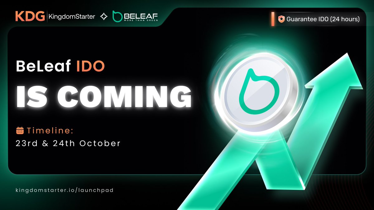 KingdomStarter (@kingdomstarter) on Twitter photo 🌟The next IDO is coming on KingdomStarter - <a href="/BeleafAi/">BELEAF | Smart RWA Ecosystem</a> is onboard 🥳
💕Token on sale: LEAF (SOL)
💕IDO Price: $0.1
💕Vesting: 10% at TGE, 1-month cliff, 15% unlocked each month for the following 6 months
⏰IDO time: 5AM October 23rd - 1PM October 24th (UTC)
✔️IDO model: Model 3 🌟The next IDO is coming on KingdomStarter - <a href="/BeleafAi/">BELEAF | Smart RWA Ecosystem</a> is onboard 🥳
💕Token on sale: LEAF (SOL)
💕IDO Price: $0.1
💕Vesting: 10% at TGE, 1-month cliff, 15% unlocked each month for the following 6 months
⏰IDO time: 5AM October 23rd - 1PM October 24th (UTC)
✔️IDO model: Model 3