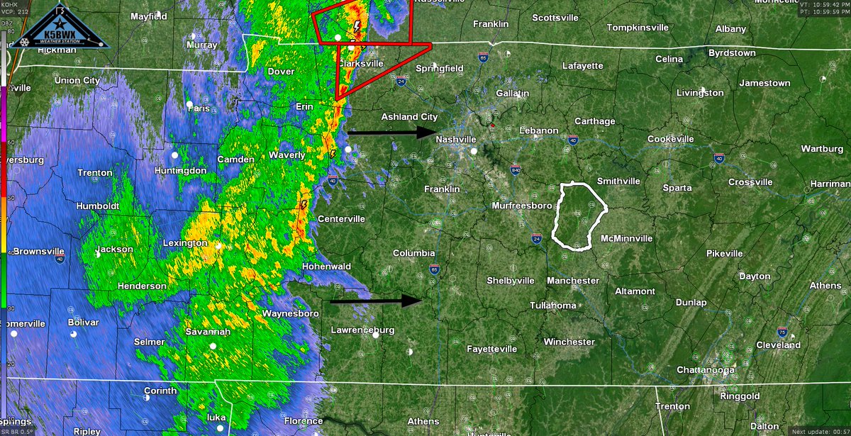 11:02 PM CDT: Line of storms continuing East and moving into a less favorable environment for severe storm development.  NWS thinks this may weaken into a "benign rain event" for our area.  Rain might have continued stratiform charge resulting in lightning, so do not be surprised