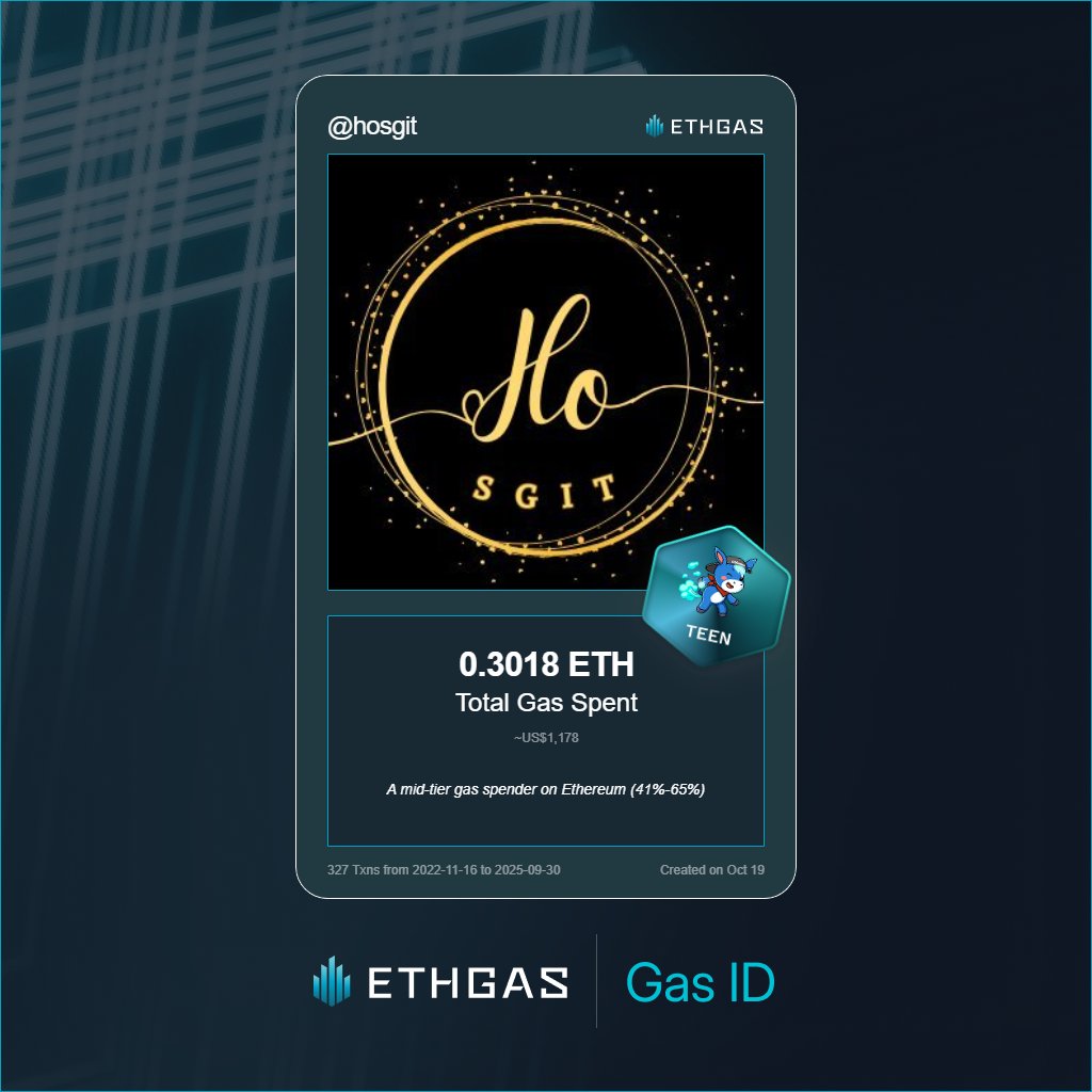 hosgit's tweet image. Leveled up in the Great Gas Reckoning with ETHGas! 💪

Teen Jack status: 0.3018 ETH gas spent, 120 Beans earned—supporting the Gasless Future!

Claim your Gas ID at ethgas.com/community/gas-…