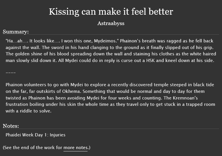 astraabyss's tweet image. #phaidei #phaideiweek2025 Day 1: Injury
I totally meant to get more fics done for this event but you know how life is right? :') I will enjoy my one fic contribution though. A warmup for other fic ideas I have for them!