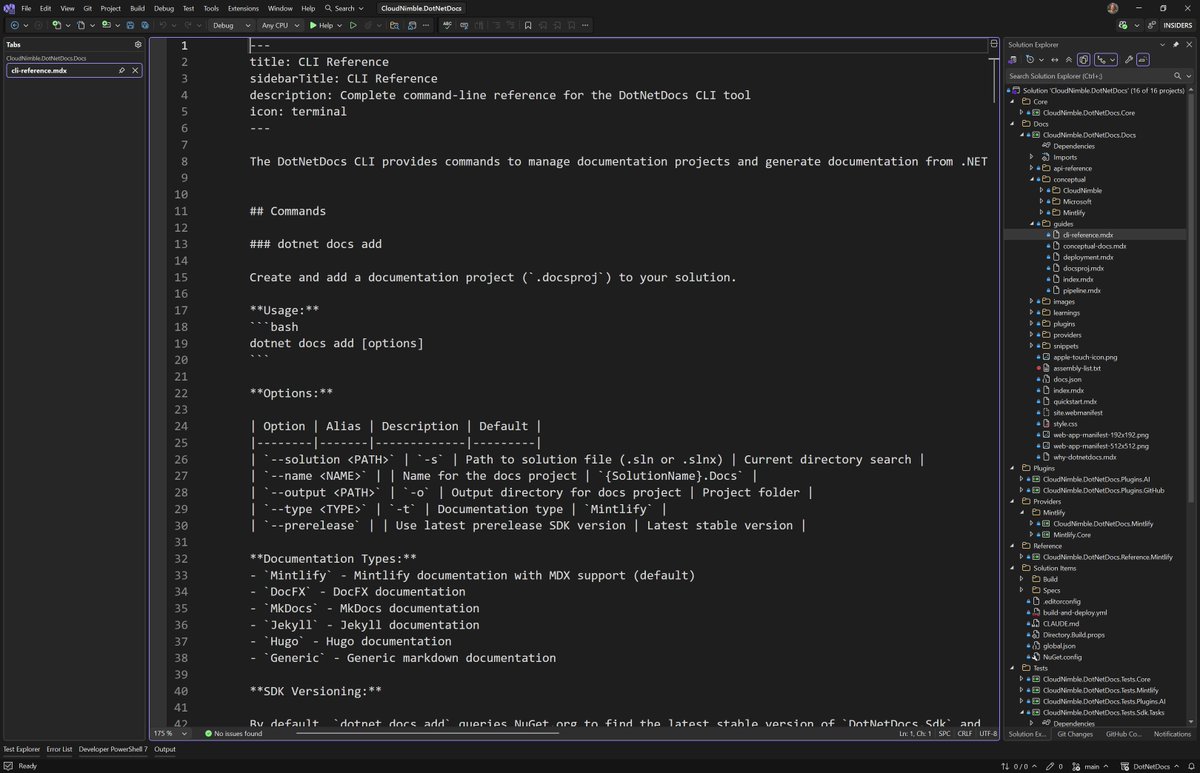 dotnet_docs's tweet image. The wait is over. The solution is as simple as typing &quot;dotnet docs&quot;.

1) A new .docsproj project type + SDK to let you edit ANY docs platform content in Visual Studio / VSCode.

2) Generate API docs for your whole solution in seconds, weaving in fully functioning Conceptual Docs.
