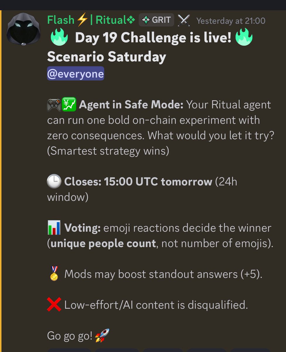 gRitual 

Day 19 challenge : Agent in Safe Mode

Your agent can run one bold on-chain experiment in Safe Mode with no risks, full chaos.
What would YOU try?

→ Launch an AI-driven treasury loop that auto-trades yield strategies until it breaks reality

<a href="/ritualnet/">Ritual</a> <a href="/Jez_Cryptoz/">Jez ritual/acc (❖,❖)</a>