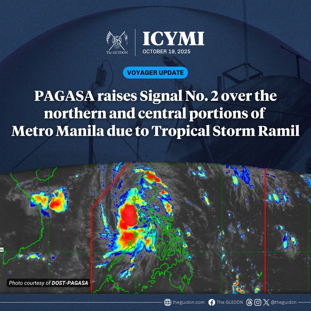 TheGUIDON's tweet image. VOYAGER: As of 11 AM, Philippine Atmospheric, Geophysical, and Astronomical Services Administration (PAGASA) has issued Tropical Cyclone Wind Signal No. 2 for the northern and central portions of Metro Manila including Quezon City, Caloocan, Marikina, Valenzuela, Malabon,…