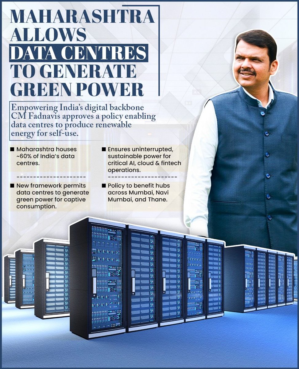 sushant_wagh's tweet image. 🔋🌱 Maharashtra’s digital revolution goes green! CM Fadnavis’ visionary policy lets data centres produce renewable energy, strengthening India&apos;s tech ecosystem sustainably. #EcoTech @Dev_Fadnavis