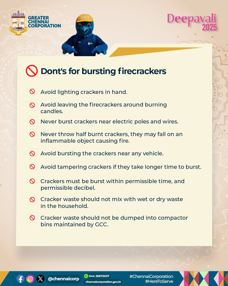 chennaicorp's tweet photo. Follow these simple Do’s and Don’ts for bursting firecrackers to keep yourself, your loved ones, and our city safe.
Let’s protect our homes, our streets, and our smiles.
#Deepavali2025 #NammaChennai #ChennaiCorporation #HereToServe #SafeDeepavali #GCC #NammaThanga
(2/2) https://t.co/523qJpIuz5