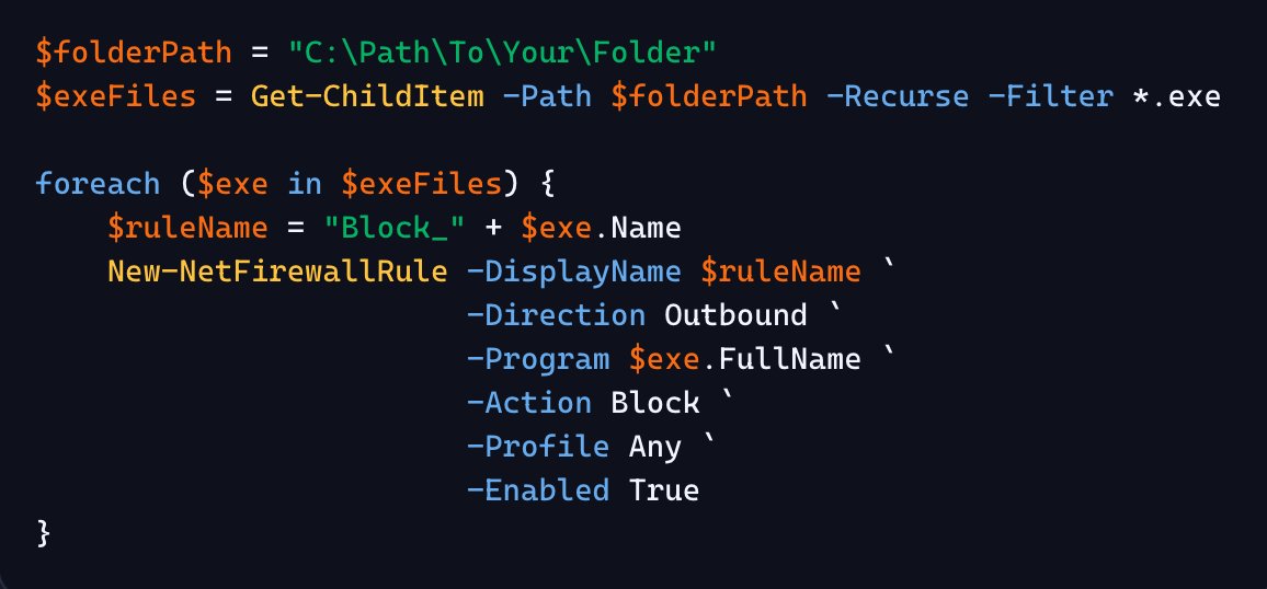 oMaMoriTTV's tweet image. 🚫 Block all .exe files (incl. subfolders) in Windows Firewall FAST! 

🚫No searching
🚫No adding one-by-one 

Just run this in admin PowerShell: