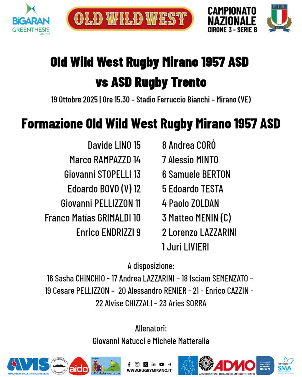 La probabile formazione di #RugbyMirano per l'incontro odierno

⚪️⚫️ #NoiSiamoLaRugbyMirano ⚪️⚫️