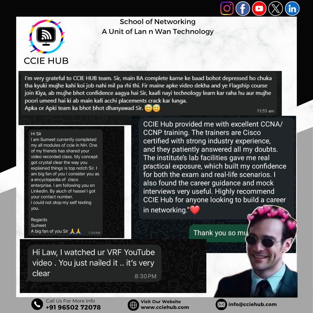 cciehub's tweet image. Learn, grow and Achieve with the CCIE HUB!

At CCIE HUB we don&apos;t only teach networking, we help people build careers.

#CCIEHUB #NetworkingTraining #CiscoCertified #CCNA #CCNP #NetworkingCareer #ITTraining #CiscoLearning #CareerGrowth #NetworkEngineer #CCIE #LanWan