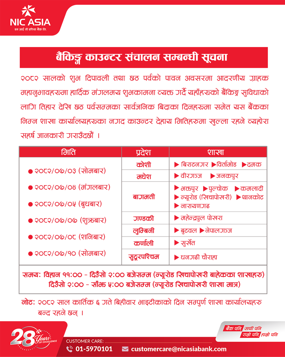 बैकिङ्ग काउन्टर संचालन सम्बन्धी सूचना !
.
.
.
#NICASIABank #DigitalFirst #Notice
