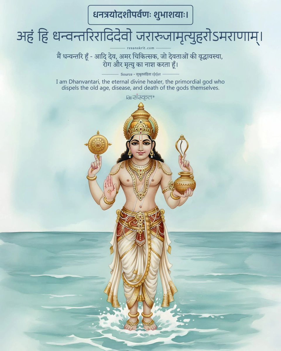 भगवान धन्वंतरि के प्राकट्य तिथि धनतेरस की आप सभी को मंगल बधाई। सम्पूर्ण मानव जाति को आरोग्य प्रदान करने हेतु भगवान धन्वंतरि का यह मंत्रोपदेश:- अच्युतानन्त गोविन्द नामोच्चारणभेषजात्। नश्यन्ति सकलारोगा: सत्यं सत्यं वदाम्यहम्।'' "अच्युत, अनन्त, गोविन्द" - इ💐🙏🏻