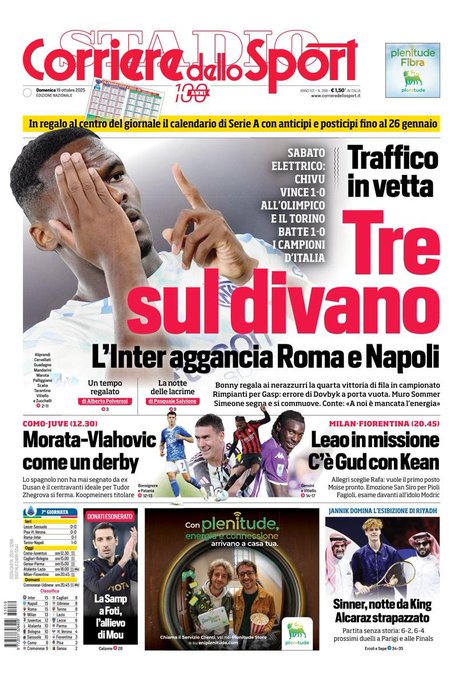 Front Page, Corriere dello Sport, Sunday 19 October 2025