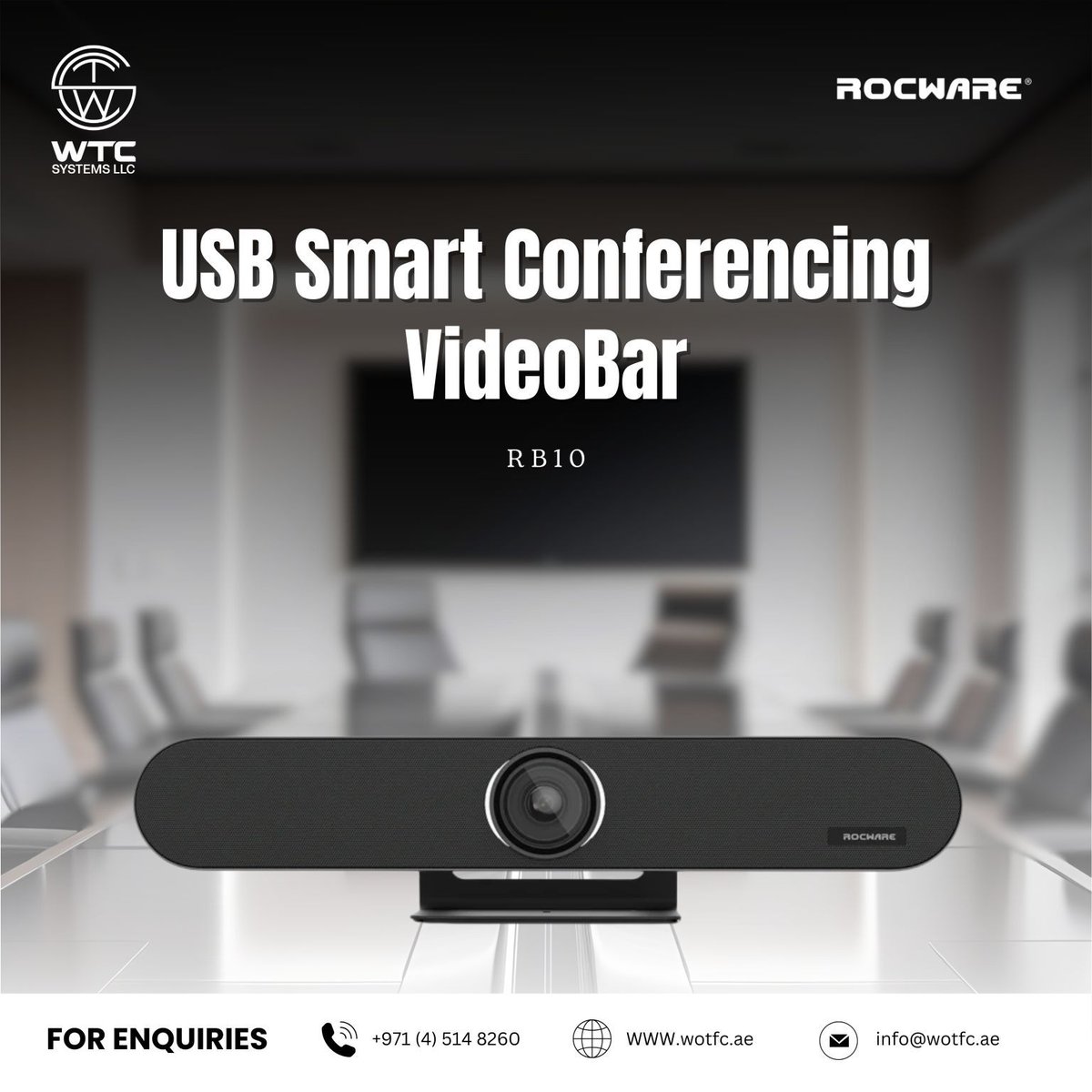 WTC_SYSTEMS_LLC's tweet image. RB10 – Redefining Smart Video Conferencing!
Transform your meeting rooms with the ROCWARE RB10, an all-in-one USB video bar designed for seamless collaboration and intelligent communication.

#WOTFC #wtcsystems #ROCWARE #USBVideoBar #4KVideoConferencing #SmartMeetings