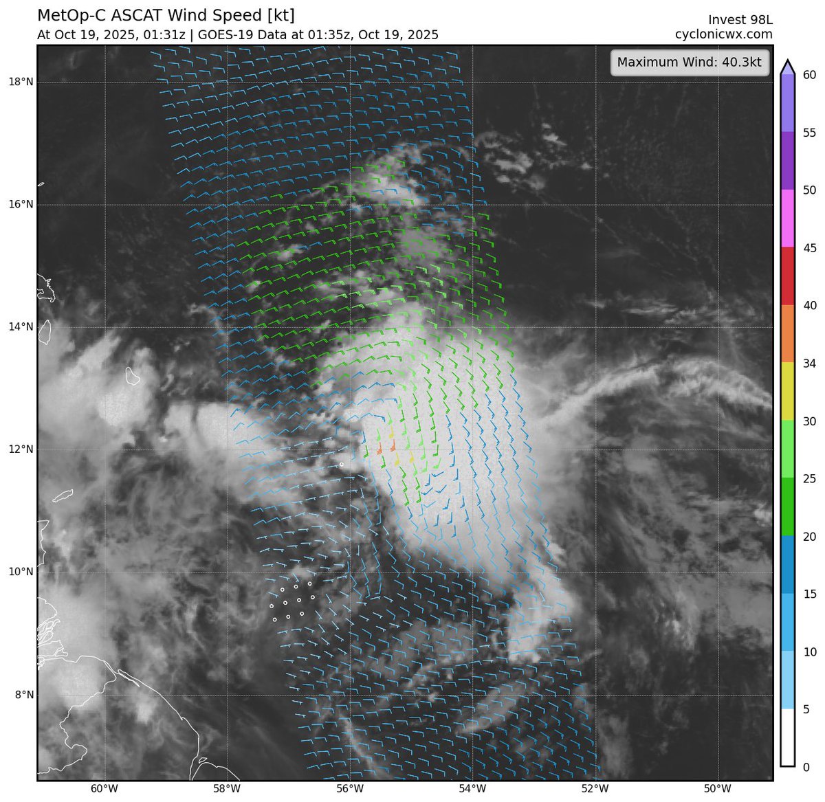 40kt winds however no closed circulation in Invest #98L