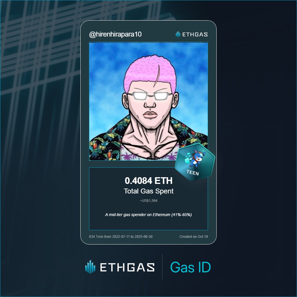 hirenhirapara10's tweet image. Just unlocked my Gas ID via ETHGas 🪪

I&apos;m a Teen Jack with 0.4084 ETH spent on gas since Beacon Chain - now fueling my climb to the Gasless Future and earned 180 Beans already. 

Reveal yours at ethgas.com/community/gas-…