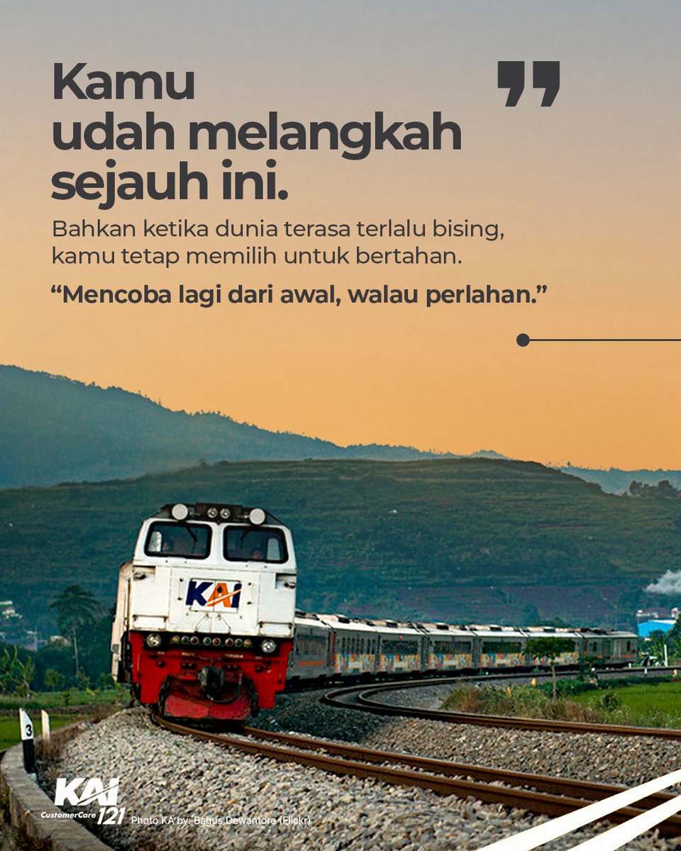 KAI121's tweet photo. Kadang, dunia terasa terlalu bising ya? Tapi lihat, kamu masih di sini! Masih berjuang, masih melangkah walau perlahan. 🫶🏻

Hari ini jangan lupa ya, untuk berterima kasih pada diri sendiri. Karena tanpa kamu yang terus bertahan, semuanya takkan sampai sejauh ini. 🤗

Support photo 🙏🏼: @/aluqman_bj1, @/bagoesdp_ (IG)

Published on: 19 Oktober 2025 | 12.00 WIB

#KAI121 
#AyoNaikKereta 
#KeretaApi