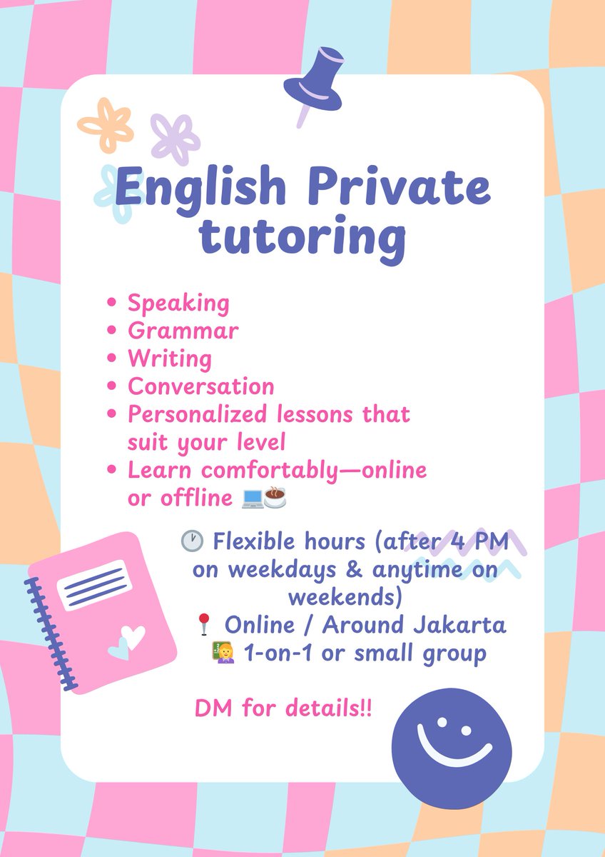 quevoistu's tweet image. ✨ Want to improve your English but don’t know where to start? ✨
I’m an English tutor offering online classes for students who want to speak, write, and understand English more confidently 🌿
Let’s learn together— in a relaxed, supportive way! 💬

#LesBahasaInggris #TutorOnline