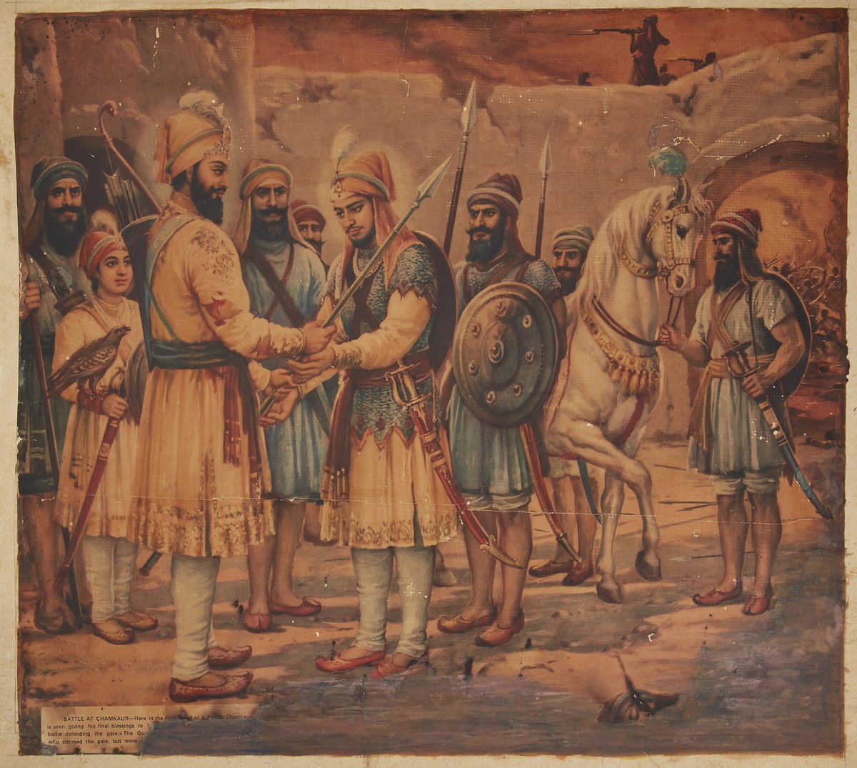 Painting of Sri Guru Gobind Singh Ji giving his final blessings to his eldest son, Sahibzada Ajit Singh, prior to his shaheedi during the Battle of Chamkaur (1704), 20th century print. From Roseberys auction-house, London.