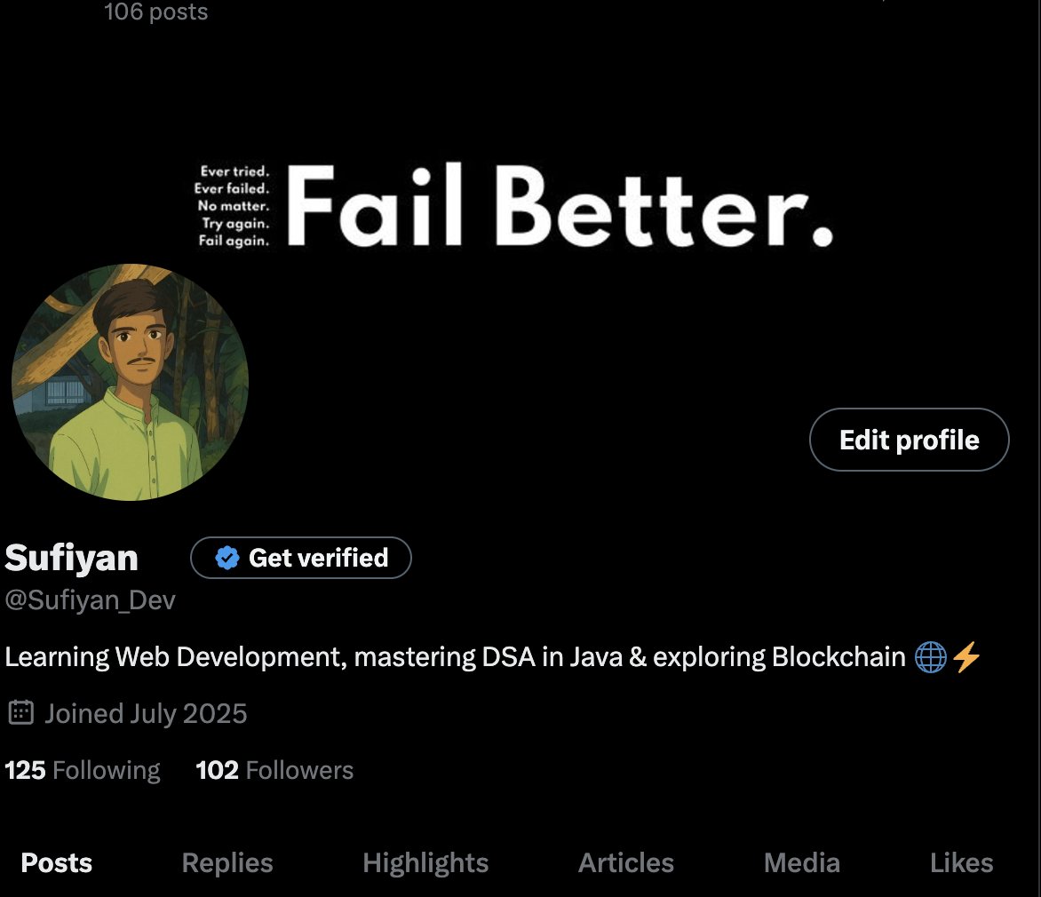 Sufiyan_Dev's tweet image. Just hit 100 followers😎
I know it’s small, but it feels like reaching level 2 in my coding game
Now let’s aim for 500 🚀
#100DaysOfCode #WebDev #ReactJ