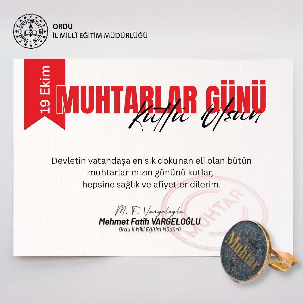 Ordu İl Millî Eğitim Müdürlüğü (@ordu_mem) on Twitter photo Mahallî idarelerimizin temel taşı olan, tüm muhtarlarımızın 1️⃣9️⃣ Ekim Muhtarlar Günü'nü kutluyor; kendilerine sağlık, mutluluk ve görevlerinde başarılar diliyoruz.
#eğitimkentiORDU
#Ordu
#19EkimMuhtarlarGünü
<a href="/tcmeb/">Millî Eğitim Bakanlığı</a> <a href="/Yusuf__Tekin/">Yusuf Tekin</a> <a href="/TCOrduValiligi/">Ordu Valiliği</a> <a href="/mhilmiguler/">Dr. Mehmet Hilmi Güler</a> <a href="/mfvargeloglu/">MEHMET FATİH VARGELOĞLU</a> Mahallî idarelerimizin temel taşı olan, tüm muhtarlarımızın 1️⃣9️⃣ Ekim Muhtarlar Günü'nü kutluyor; kendilerine sağlık, mutluluk ve görevlerinde başarılar diliyoruz.
#eğitimkentiORDU
#Ordu
#19EkimMuhtarlarGünü
<a href="/tcmeb/">Millî Eğitim Bakanlığı</a> <a href="/Yusuf__Tekin/">Yusuf Tekin</a> <a href="/TCOrduValiligi/">Ordu Valiliği</a> <a href="/mhilmiguler/">Dr. Mehmet Hilmi Güler</a> <a href="/mfvargeloglu/">MEHMET FATİH VARGELOĞLU</a>