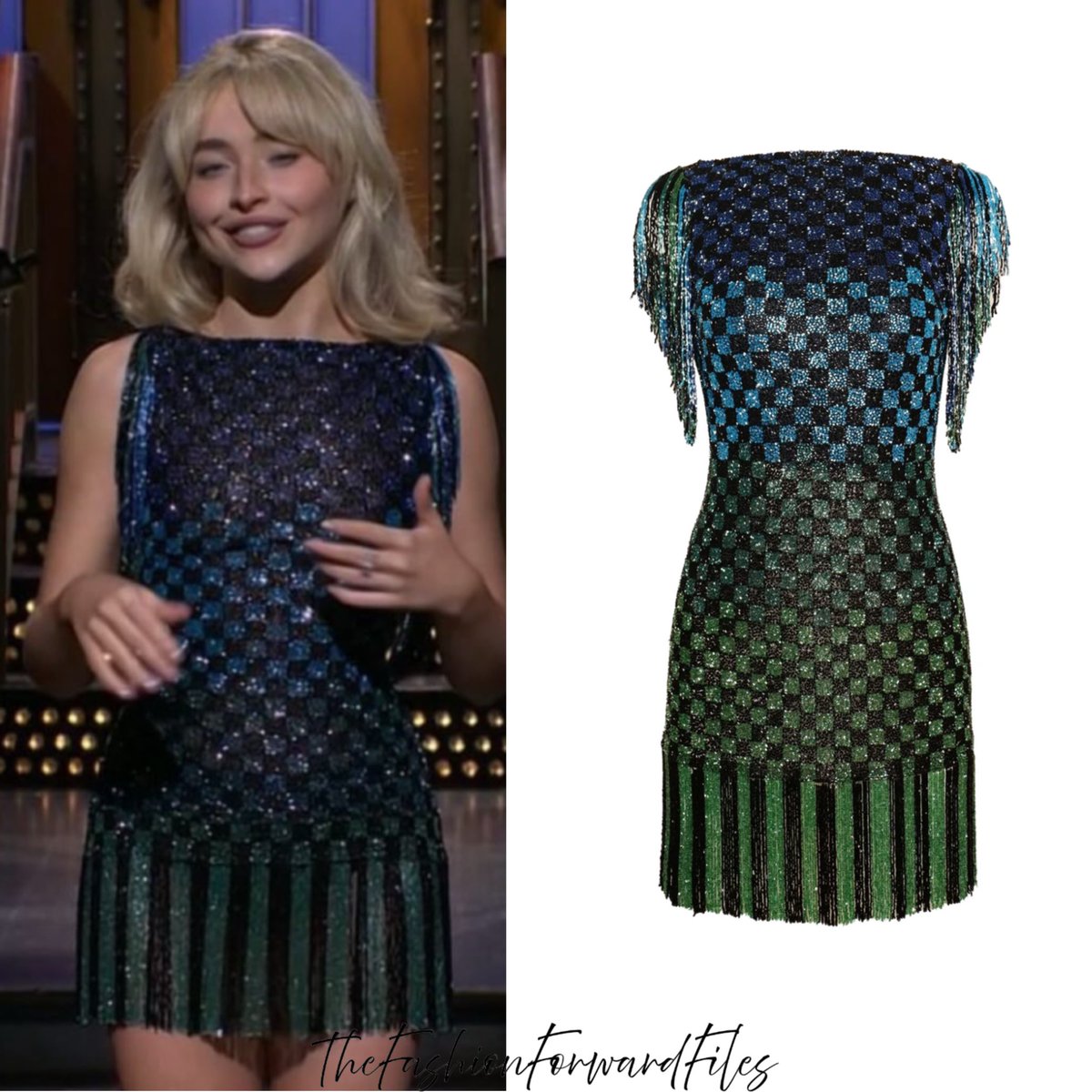 Sabrina Carpenter wears a beaded boatneck dress with fringe by Naeem Khan.  - #sabrinacarpenter #naeemkhan