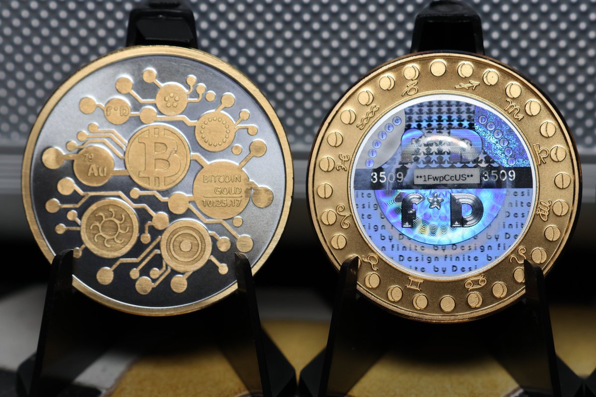 Eyellusive's tweet image. Two masterpieces from Finite by Design — 
• Bitcoin Gold Fine Silver Coin. 
• Bitcoin “Strength in Numbers” Cold Storage Coin. 

Both carrying the FirstBits hologram — where design meets decentralization. 🔥

 #FiniteByDesign #Bitcoin #PhysicalBitcoin #BTC