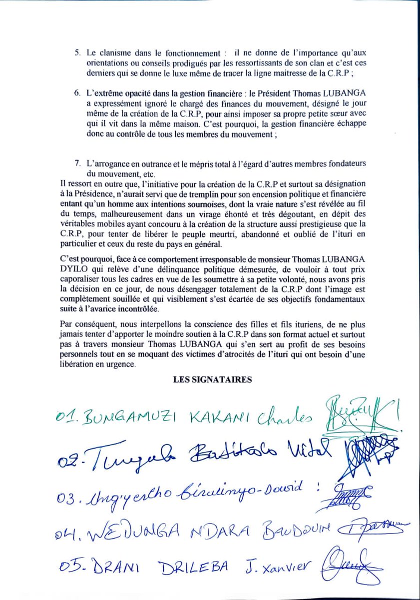 RDC/Ituri: La persévérance comme épreuve du feu pour affiner l'or de ceux qui pensaient se positionner. 

Dans une lettre signé ce 18 octobre 2025, on découvre cinq membres dont à la tête Kakani Bungamuzi et Vital Tungulo ayant fait défection de la Révolution.

Ceci fait suite à