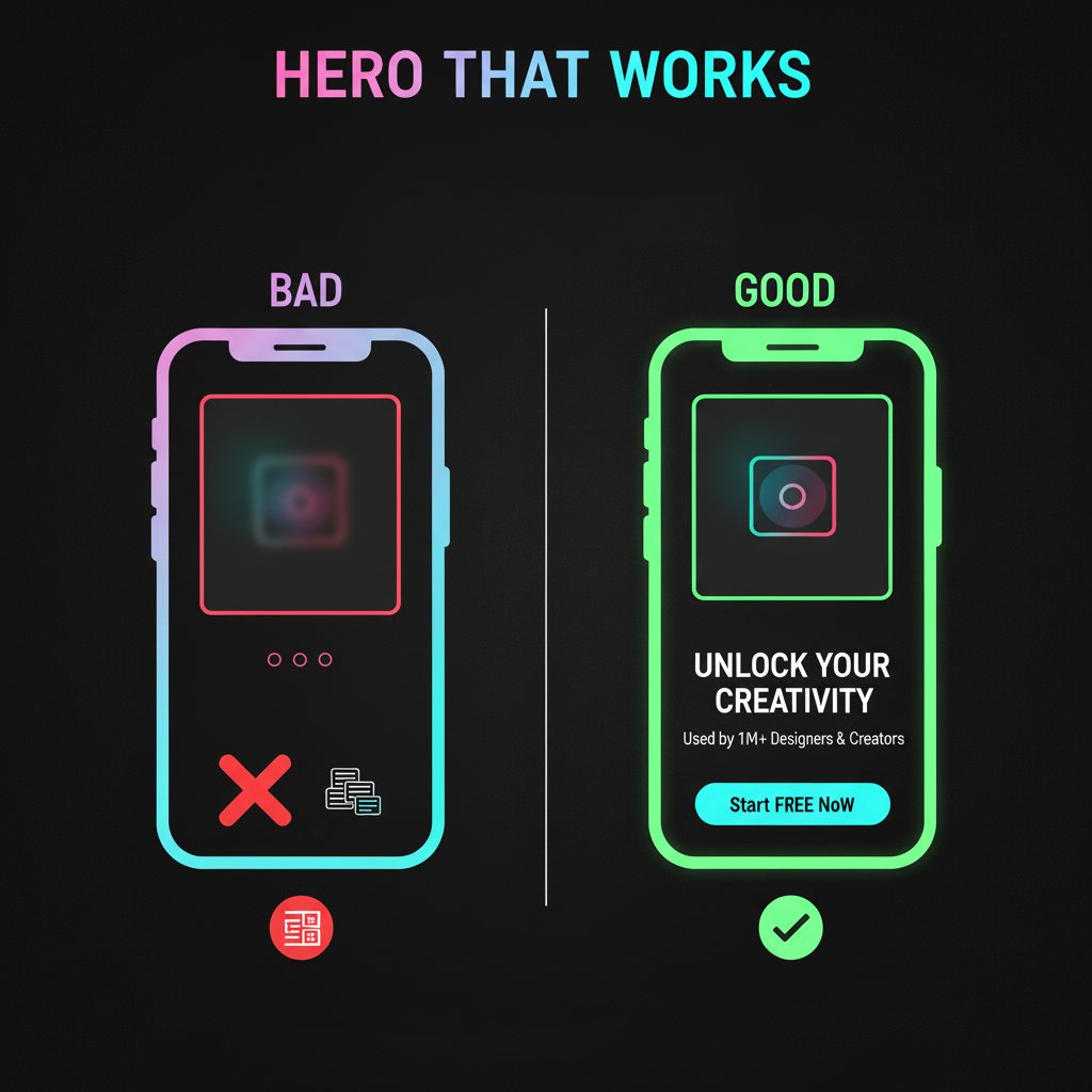 emonbuilds's tweet image. Hero that Works.

One screen, three jobs: promise (headline), proof (sub/cred), path (CTA). 

Kill carousels; show the product. 

#LandingPage #Copywriting #UX