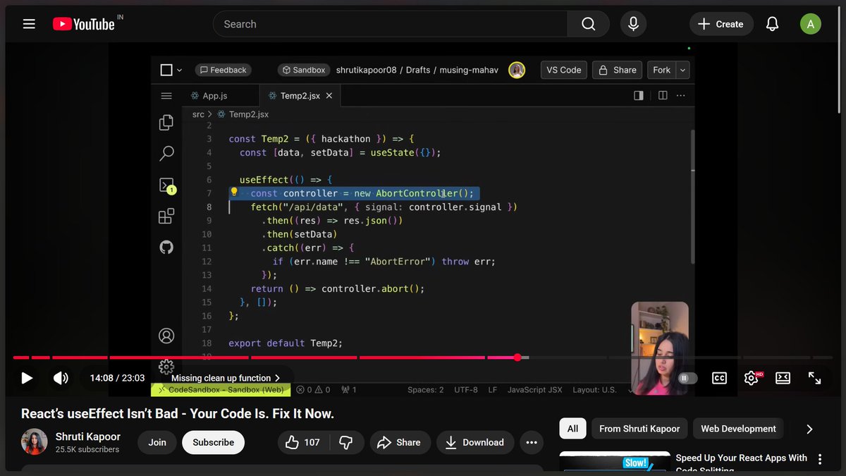abhirajthakur21's tweet image. Just watched a fantastic video by @shrutikapoor08 on useEffect! She clearly explains what useEffect is (an effect that runs after the screen is painted), when to use it, when not to, and much more. A must-watch for React devs! 👩💻⚛️