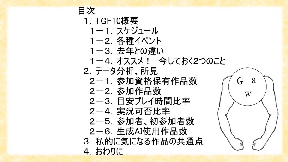 【大規模のゲーム開発コンテスト】TGF10_分析結果【ご参考までに】

個人的興味が高じて、かれこれ５年間、計3149作品見てます！
今年度のTGF参加作品を見て、気になるところをデータ化してみたので、なにかしら参考になれれば幸いです♪
　↓↓↓
youtu.be/U_7VpkmOptA