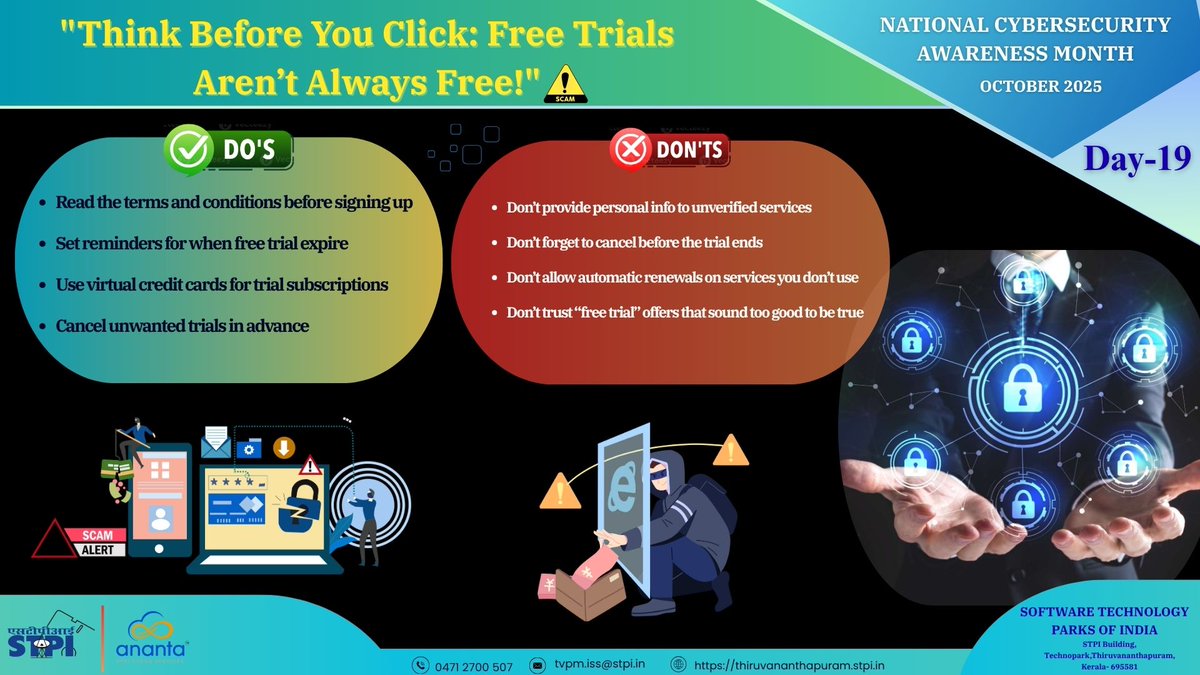 National Cyber Security Awareness Month 2025 - Day - 19    #NCSAM2025 #CyberJagritBharat #CyberAwareness #STPISOCSERVICES #STPICLOUDSERVICES #STPI
<a href="/GoI_MeitY/">Ministry of Electronics & IT</a>
<a href="/IndianCERT/">CERT-In</a>
<a href="/stpiindia/">STPI</a>
<a href="/arvindtw/">Arvind Kumar</a>
<a href="/guptaa_sanjay/">Sanjay Kumar Gupta</a>
<a href="/GaneshNayakK/">Ganesh Nayak K 🇮🇳</a>
