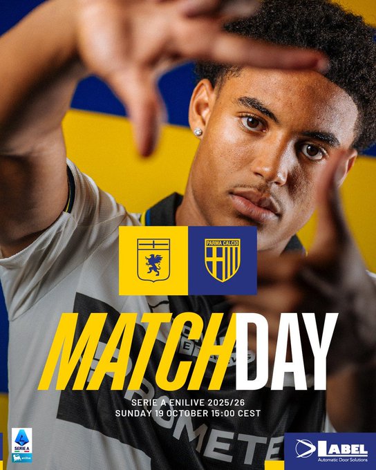 Young male athlete with short hair and earring poses facing forward with hands extended toward camera framing his face wearing gray sleeveless shirt exposing arms blue and yellow team crests of Parma and opponent on sides bold MATCH DAYAY text at top Serie A 2025/26 Sunday October 15 15:00 CEST at bottom sponsor logos Lebel and Serie A visible
