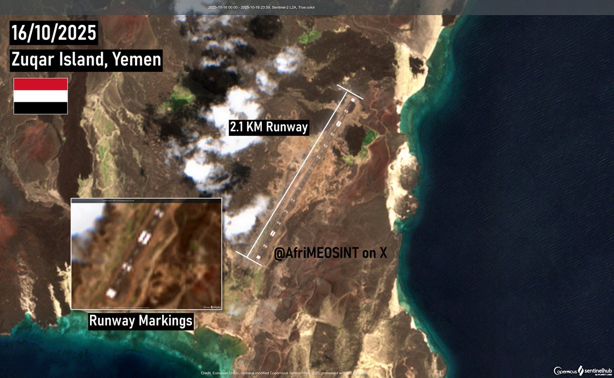 The new 2.1 km runway built by the UAE 🇦🇪 on Yemen’s Jabal Zuqar Island 🇾🇪 in the southern Red Sea has now been completed. Runway markings were added recently, between 13 and 16 October, as revealed by satellite imagery.