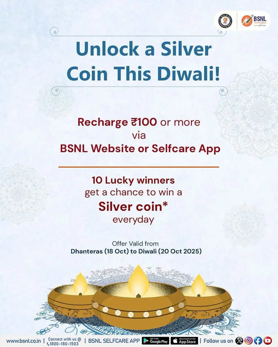 BSNL_BIHAR's tweet image. Is Diwali, BSNL ke saath har recharge banaye tyohar khaas!

Recharge ₹100 or more &amp;amp; 10 lucky winners will get chance to win a 10g Silver Coin every day!

Offer valid 18–20 Oct 2025.
Recharge now 

bsnl.co.in/mobile/recharge

#BSNL #DiwaliOffer #FestiveSeason #ConnectingIndia