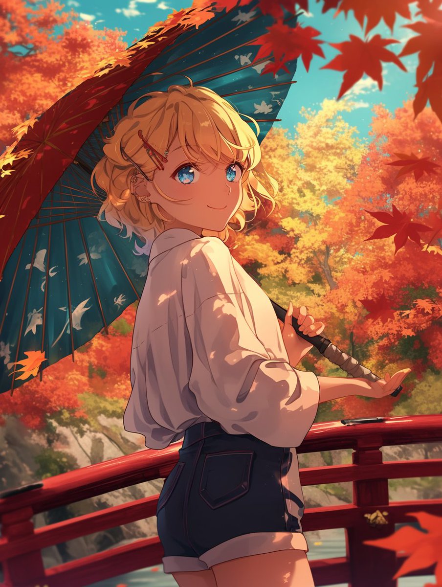 秋ですねー。人が少なければ、京都観光とか行きたいね～。

最近は人大杉だね。

#AIart
#AIイラスト
紅葉と和傘と