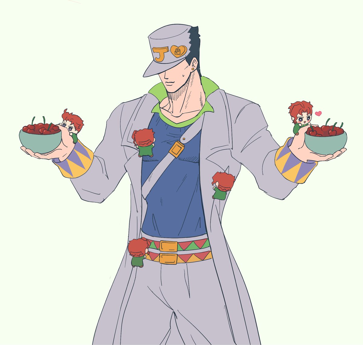 jotakaksideacc's tweet image. A litter of Chiminoris who climb Jotaro like kittens in order to reach their food
